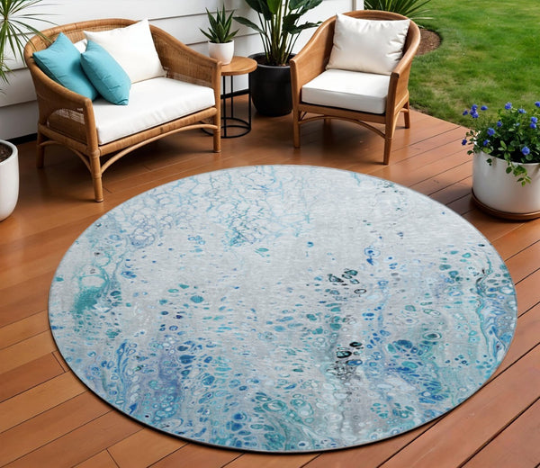 HomeRoots 8' Light Blue and Ivory Round Area Rug - Durable Abstract Design, Washable for Indoor & Outdoor Use 643549