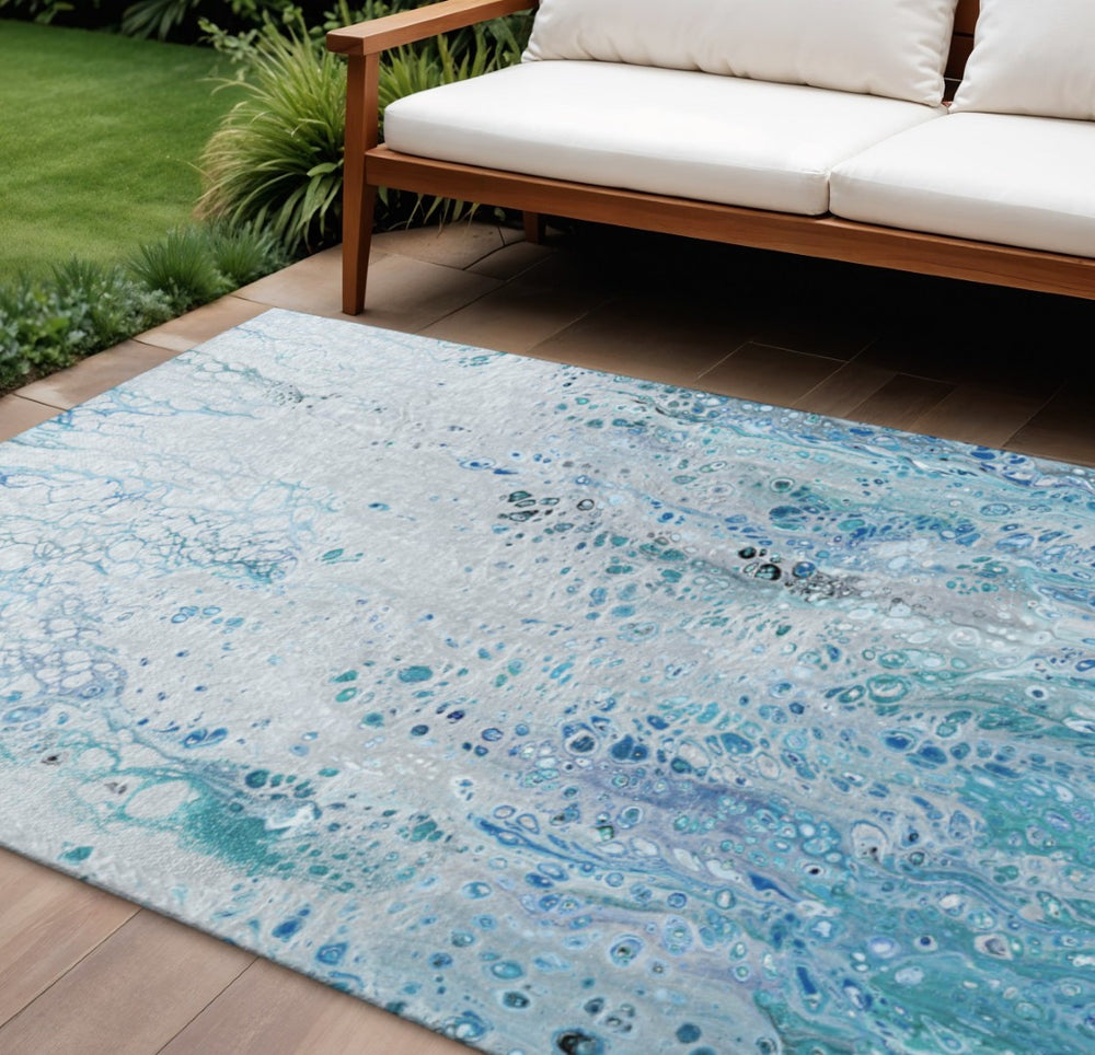HomeRoots 10' Light Blue & Ivory Abstract Washable Area Rug – Durable, Stylish & Versatile for Indoor/Outdoor Use 643552