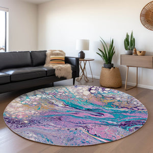 HomeRoots 8' Periwinkle Purple & Ivory Round Area Rug - Abstract Washable Design for Indoor & Outdoor Use 643555