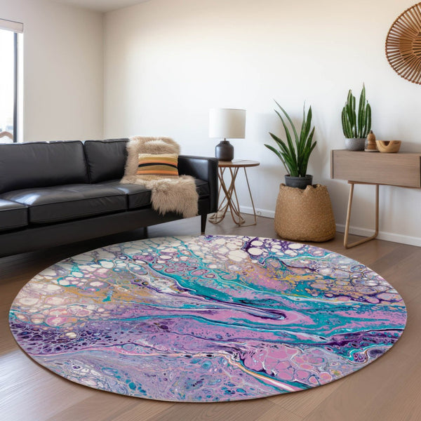 HomeRoots 8' Periwinkle Purple & Ivory Round Area Rug - Abstract Washable Design for Indoor & Outdoor Use 643555