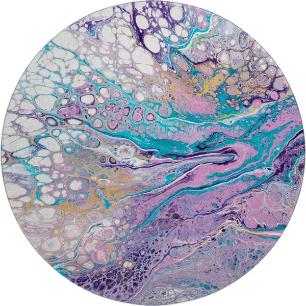HomeRoots 8' Periwinkle Purple & Ivory Round Area Rug - Abstract Washable Design for Indoor & Outdoor Use 643555
