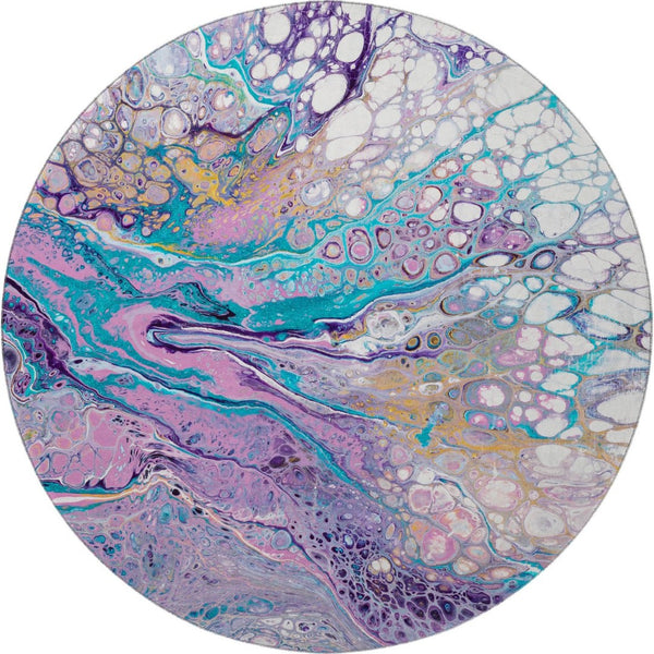 HomeRoots 8' Periwinkle Purple & Ivory Round Area Rug - Abstract Washable Design for Indoor & Outdoor Use 643555