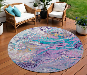 HomeRoots 8' Periwinkle Purple & Ivory Round Area Rug - Abstract Washable Design for Indoor & Outdoor Use 643555