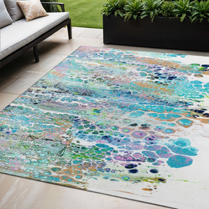HomeRoots 5' X 8' Teal Blue Ivory Gold Abstract Area Rug - Stylish, Washable, Indoor/Outdoor, Stain-Resistant 643560
