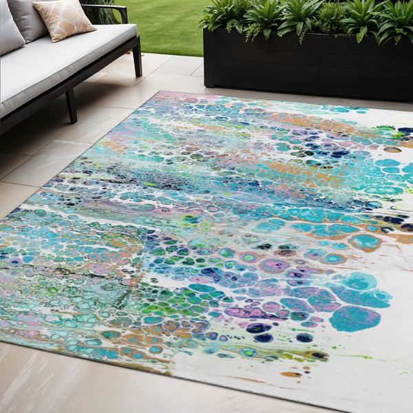 HomeRoots 5' X 8' Teal Blue Ivory Gold Abstract Area Rug - Stylish, Washable, Indoor/Outdoor, Stain-Resistant 643560