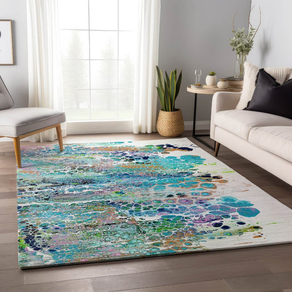 HomeRoots 5' X 8' Teal Blue Ivory Gold Abstract Area Rug - Stylish, Washable, Indoor/Outdoor, Stain-Resistant 643560