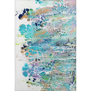 HomeRoots 5' X 8' Teal Blue Ivory Gold Abstract Area Rug - Stylish, Washable, Indoor/Outdoor, Stain-Resistant 643560