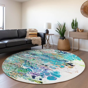 HomeRoots 8' Teal Blue, Ivory & Gold Round Abstract Rug - Stylish, Washable, Indoor/Outdoor, Stain-Resistant Design 643561