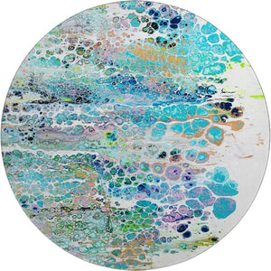 HomeRoots 8' Teal Blue, Ivory & Gold Round Abstract Rug - Stylish, Washable, Indoor/Outdoor, Stain-Resistant Design 643561
