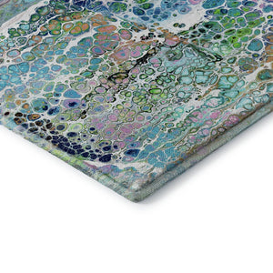 HomeRoots 8' Teal Blue, Ivory & Gold Round Abstract Rug - Stylish, Washable, Indoor/Outdoor, Stain-Resistant Design 643561