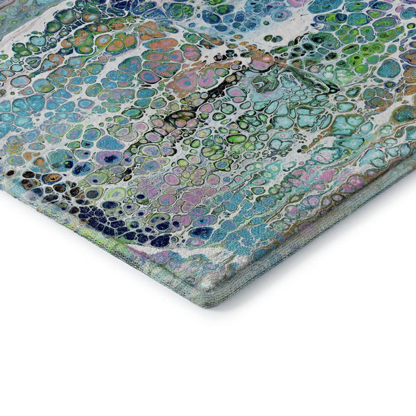 HomeRoots 8' Teal Blue, Ivory & Gold Round Abstract Rug - Stylish, Washable, Indoor/Outdoor, Stain-Resistant Design 643561