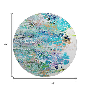 HomeRoots 8' Teal Blue, Ivory & Gold Round Abstract Rug - Stylish, Washable, Indoor/Outdoor, Stain-Resistant Design 643561