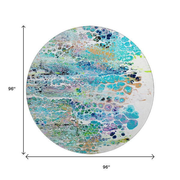 HomeRoots 8' Teal Blue, Ivory & Gold Round Abstract Rug - Stylish, Washable, Indoor/Outdoor, Stain-Resistant Design 643561