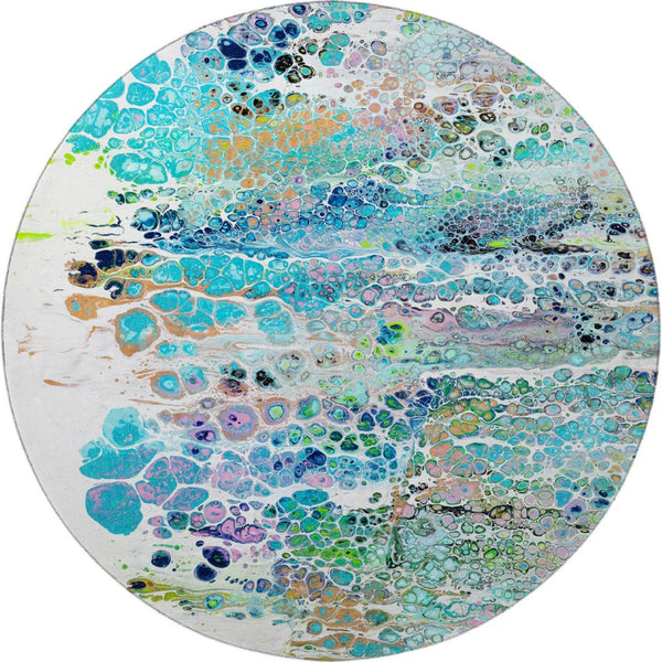 HomeRoots 8' Teal Blue, Ivory & Gold Round Abstract Rug - Stylish, Washable, Indoor/Outdoor, Stain-Resistant Design 643561