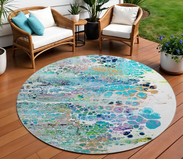 HomeRoots 8' Teal Blue, Ivory & Gold Round Abstract Rug - Stylish, Washable, Indoor/Outdoor, Stain-Resistant Design 643561