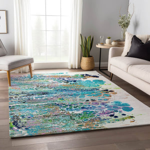 HomeRoots 8' X 10' Teal Blue Ivory Gold Abstract Rug – Washable, Indoor/Outdoor, Stain-Resistant, Modern Design! 643562