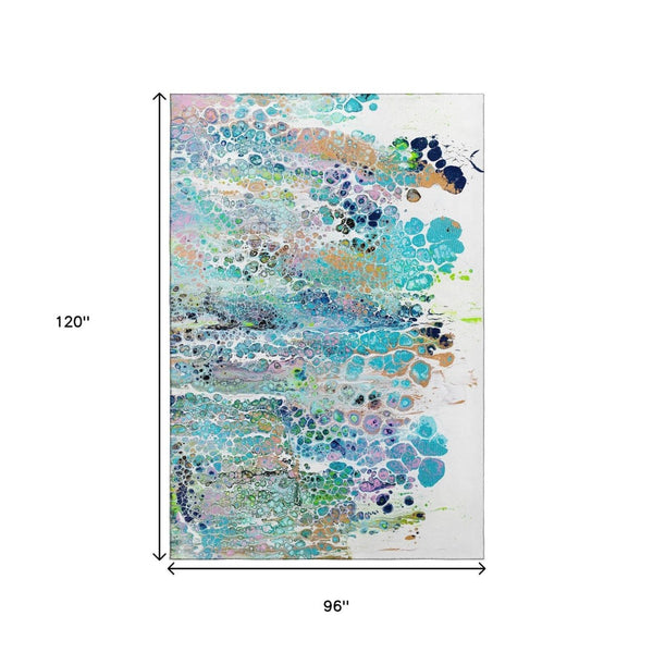 HomeRoots 8' X 10' Teal Blue Ivory Gold Abstract Rug – Washable, Indoor/Outdoor, Stain-Resistant, Modern Design! 643562