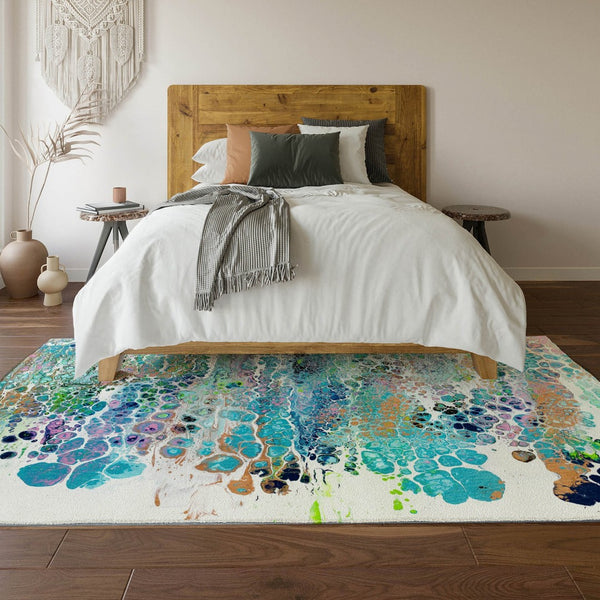 HomeRoots 8' X 10' Teal Blue Ivory Gold Abstract Rug – Washable, Indoor/Outdoor, Stain-Resistant, Modern Design! 643562