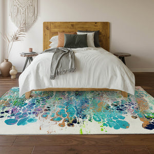 HomeRoots 9' X 12' Teal Blue Ivory Gold Abstract Washable Area Rug - Stylish, Durable, Indoor/Outdoor Essential 643563
