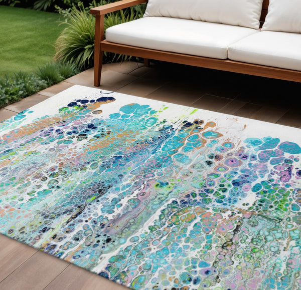 HomeRoots 9' X 12' Teal Blue Ivory Gold Abstract Washable Area Rug - Stylish, Durable, Indoor/Outdoor Essential 643563