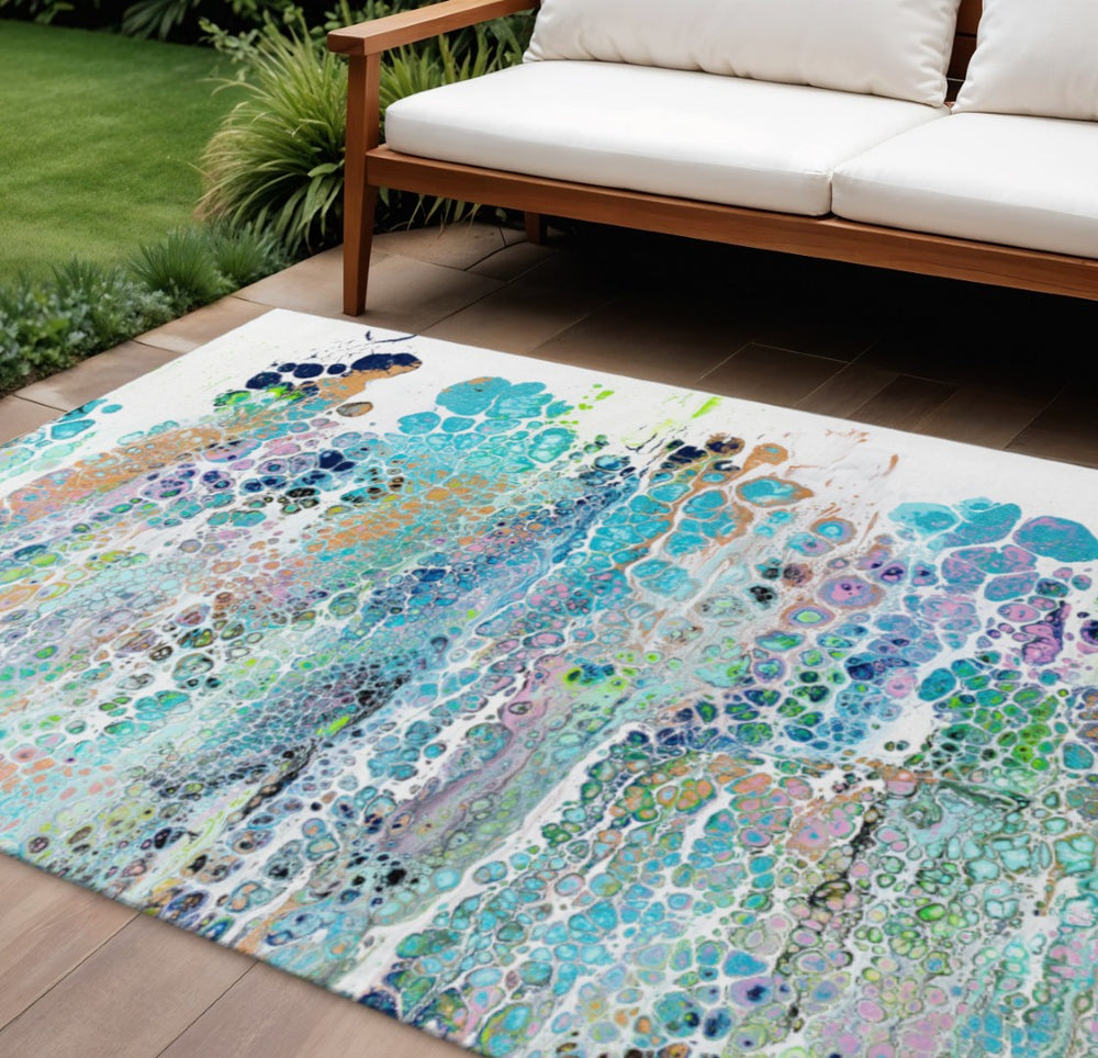 HomeRoots 10' Teal Blue, Ivory & Gold Abstract Washable Area Rug – Durable, Stylish for Indoor & Outdoor Spaces 643564