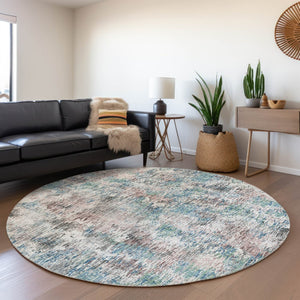 HomeRoots 8' Round Abstract Area Rug in Blue, Ivory & Sage - Durable, Washable, Perfect for Indoor & Outdoor Use 643567