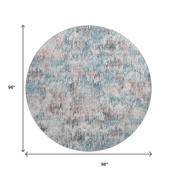 HomeRoots 8' Round Abstract Area Rug in Blue, Ivory & Sage - Durable, Washable, Perfect for Indoor & Outdoor Use 643567