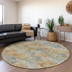 HomeRoots 8' Round Abstract Area Rug in Gold, Beige & Orange - Durable, Washable for Indoor/Outdoor Use 643573