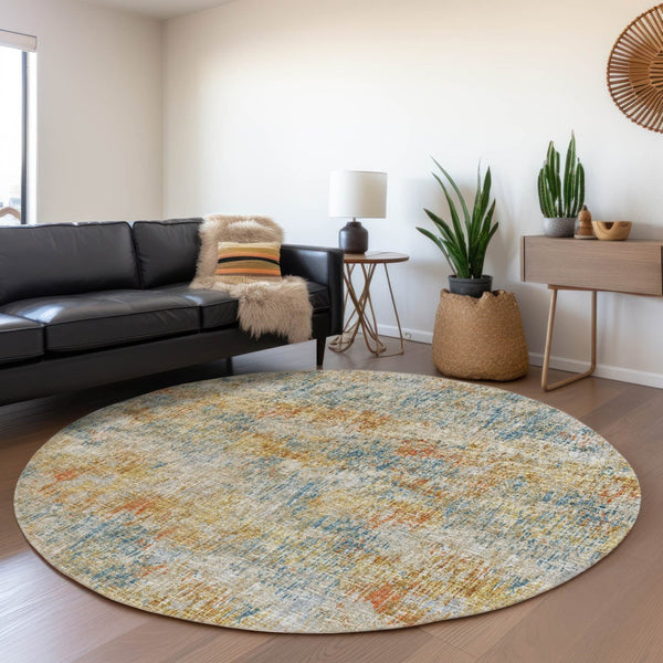 HomeRoots 8' Round Abstract Area Rug in Gold, Beige & Orange - Durable, Washable for Indoor/Outdoor Use 643573