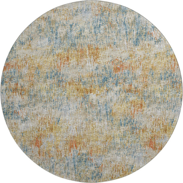HomeRoots 8' Round Abstract Area Rug in Gold, Beige & Orange - Durable, Washable for Indoor/Outdoor Use 643573
