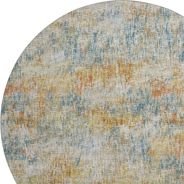HomeRoots 8' Round Abstract Area Rug in Gold, Beige & Orange - Durable, Washable for Indoor/Outdoor Use 643573
