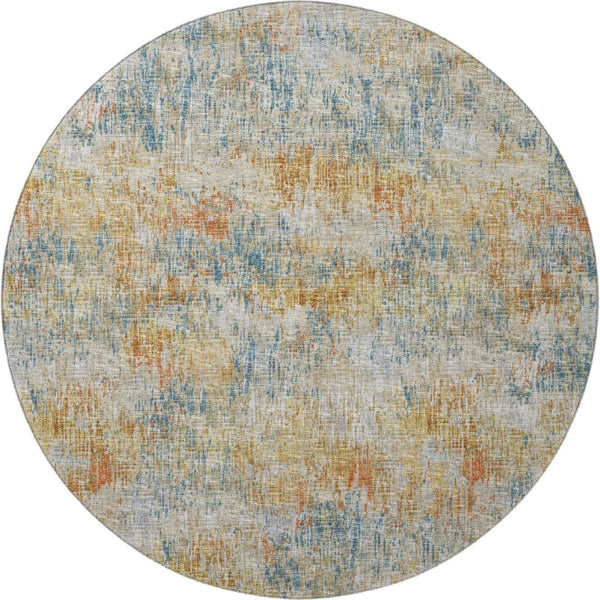 HomeRoots 8' Round Abstract Area Rug in Gold, Beige & Orange - Durable, Washable for Indoor/Outdoor Use 643573