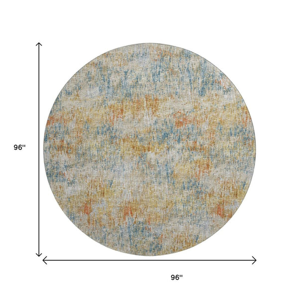 HomeRoots 8' Round Abstract Area Rug in Gold, Beige & Orange - Durable, Washable for Indoor/Outdoor Use 643573