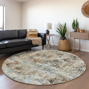 HomeRoots 8' Midnight Ivory & Beige Round Area Rug - Abstract Geometric Design, Washable for Indoor/Outdoor Use 643579
