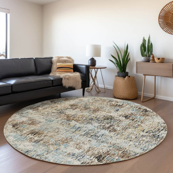HomeRoots 8' Midnight Ivory & Beige Round Area Rug - Abstract Geometric Design, Washable for Indoor/Outdoor Use 643579