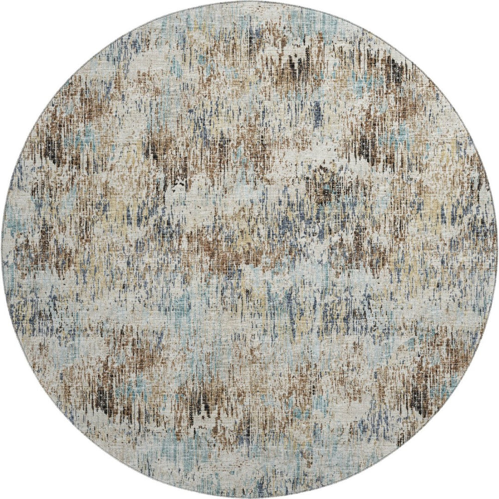 HomeRoots 8' Midnight Ivory & Beige Round Area Rug - Abstract Geometric Design, Washable for Indoor/Outdoor Use 643579