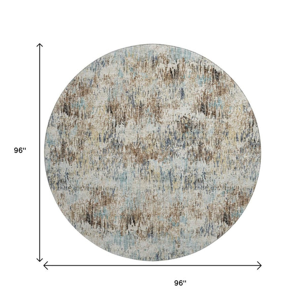 HomeRoots 8' Midnight Ivory & Beige Round Area Rug - Abstract Geometric Design, Washable for Indoor/Outdoor Use 643579