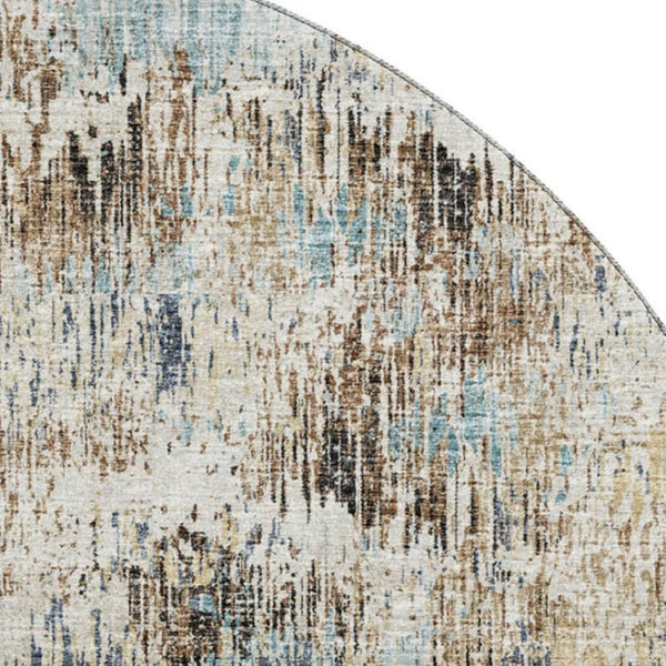 HomeRoots 8' Midnight Ivory & Beige Round Area Rug - Abstract Geometric Design, Washable for Indoor/Outdoor Use 643579