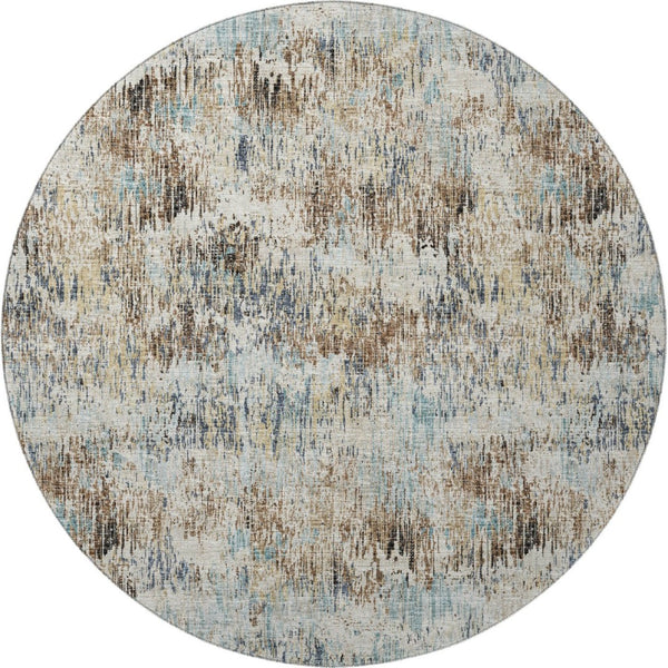 HomeRoots 8' Midnight Ivory & Beige Round Area Rug - Abstract Geometric Design, Washable for Indoor/Outdoor Use 643579