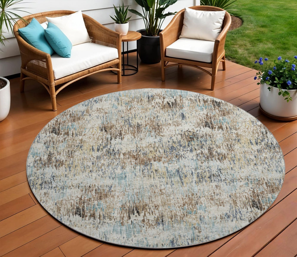 HomeRoots 8' Midnight Ivory & Beige Round Area Rug - Abstract Geometric Design, Washable for Indoor/Outdoor Use 643579
