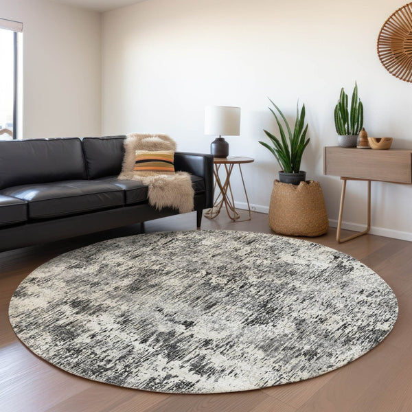 HomeRoots 8' Round Abstract Area Rug in Gray, Brown & Ivory - Washable, Indoor/Outdoor, Stylish & Durable 643585