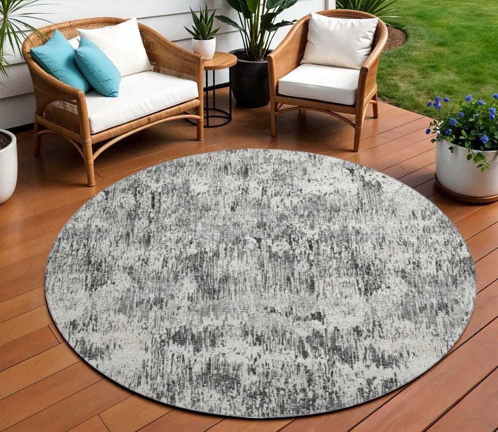 HomeRoots 8' Round Abstract Area Rug in Gray, Brown & Ivory - Washable, Indoor/Outdoor, Stylish & Durable 643585