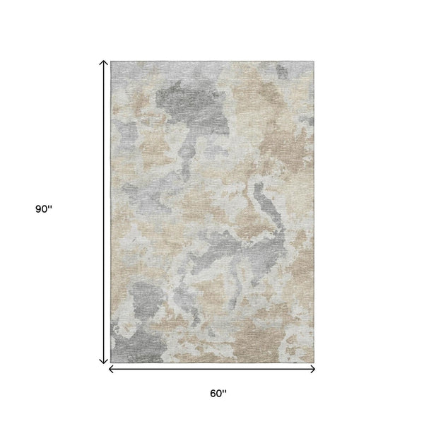 HomeRoots 5' X 8' Modern Abstract Washable Rug - Stylish Beige, Charcoal & Gray Design for Indoor/Outdoor Use 643590
