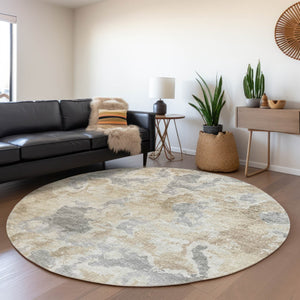 HomeRoots 8' Modern Round Abstract Area Rug in Beige, Charcoal & Gray – Washable, Durable for Indoor/Outdoor Use 643591