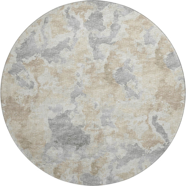 HomeRoots 8' Modern Round Abstract Area Rug in Beige, Charcoal & Gray – Washable, Durable for Indoor/Outdoor Use 643591