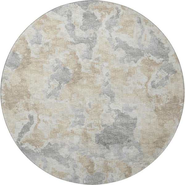 HomeRoots 8' Modern Round Abstract Area Rug in Beige, Charcoal & Gray – Washable, Durable for Indoor/Outdoor Use 643591