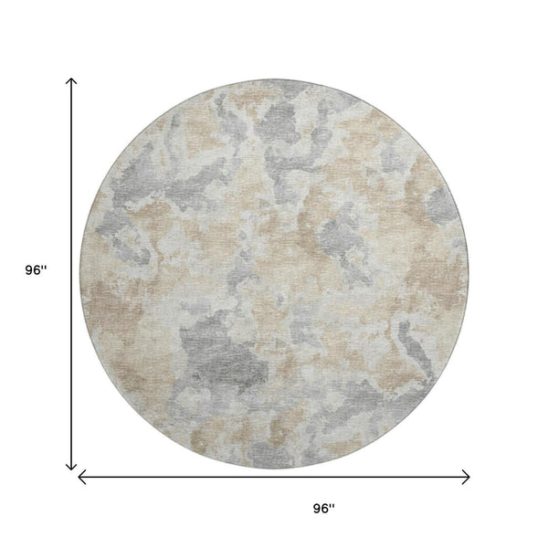 HomeRoots 8' Modern Round Abstract Area Rug in Beige, Charcoal & Gray – Washable, Durable for Indoor/Outdoor Use 643591