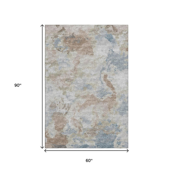HomeRoots 5' Washable Indoor Outdoor Area Rug - Midnight Ivory & Coffee Abstract Design for Modern Spaces 643596