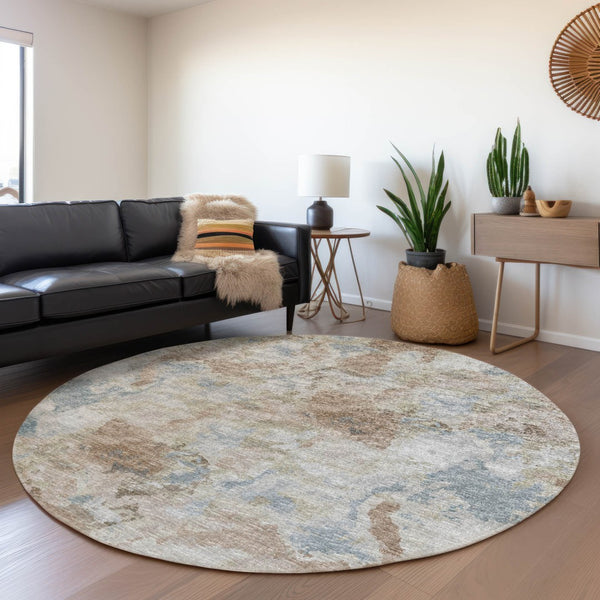 HomeRoots 8' Modern Abstract Round Area Rug in Midnight, Ivory & Coffee - Washable, Durable & Stylish Design 643597