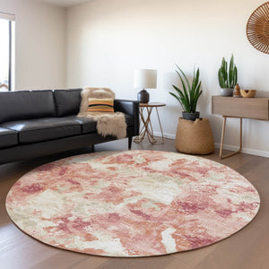 HomeRoots 8' Pink and Ivory Round Abstract Washable Rug - Versatile Indoor/Outdoor Design with Non-Slip Backing 643603